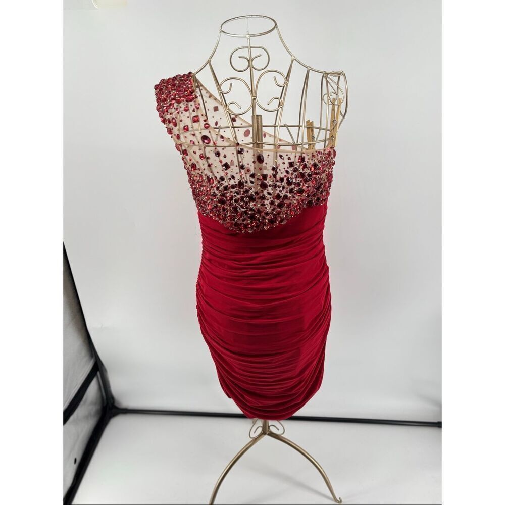 Jovani JVN98255 Red One Shoulder Beaded Ruched Cocktail Dress Size 4